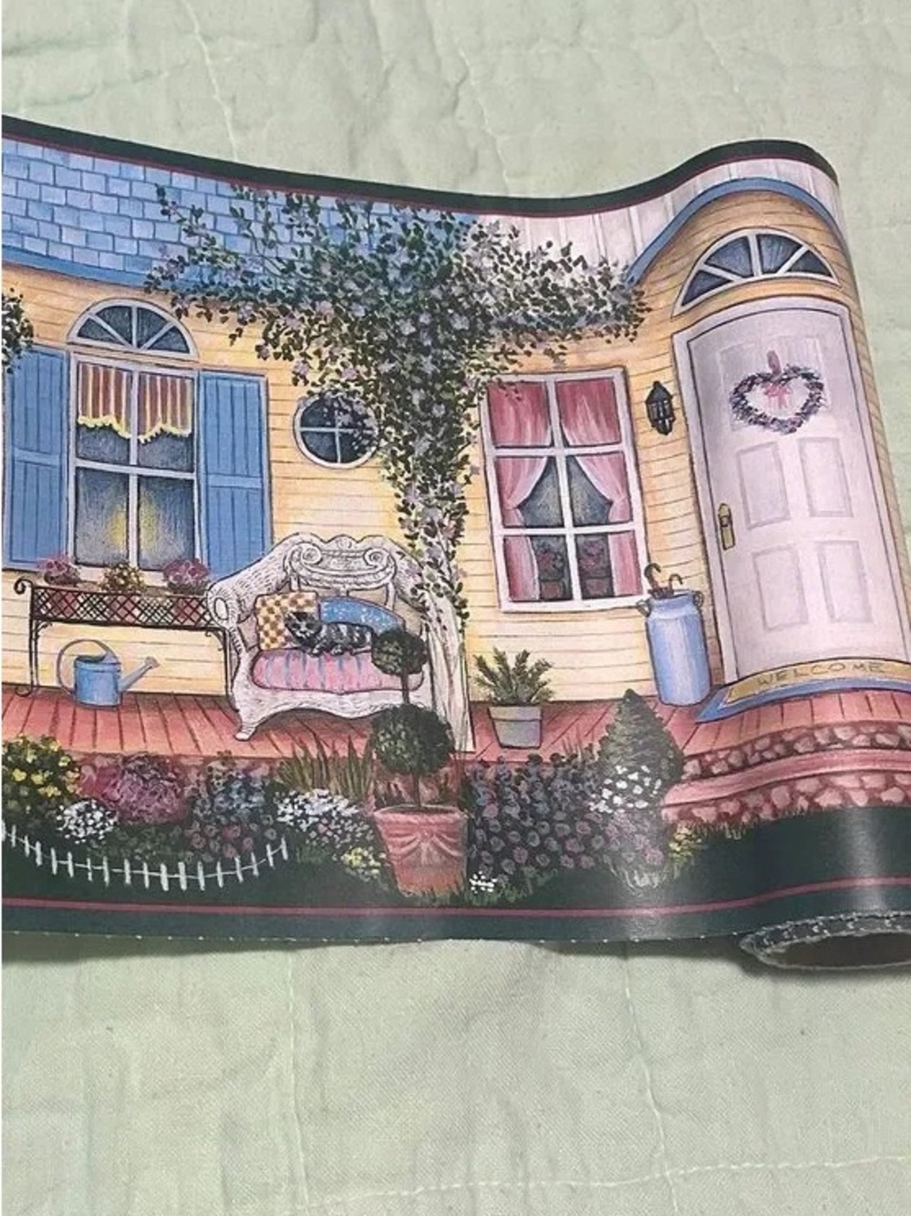 Yellow Cottage Porch Wallpaper Border with Blue and Pink Accents